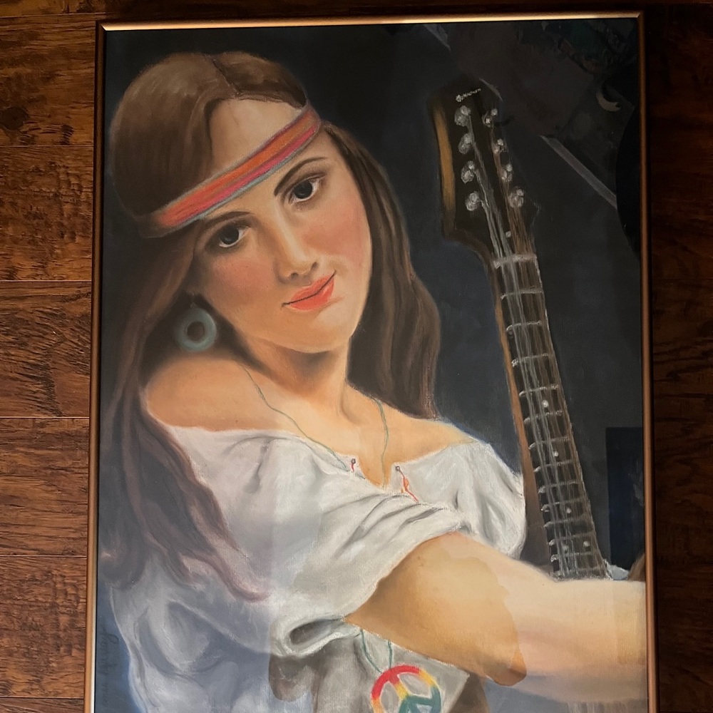 Framed Poster of a Beautiful Hippie Chic with and Acoustic Guitar